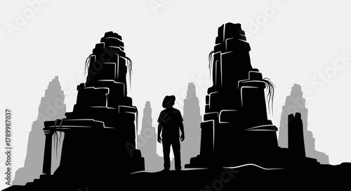 Silhouette of Contemplation: A lone figure stands in awe before ancient structures, their silhouette set against the backdrop of a setting sun.