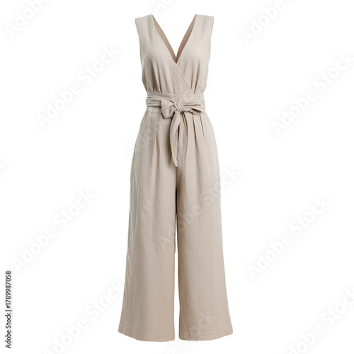 Sleeveless linen jumpsuit with wide leg and v-neckline  isolated on transparent White background png