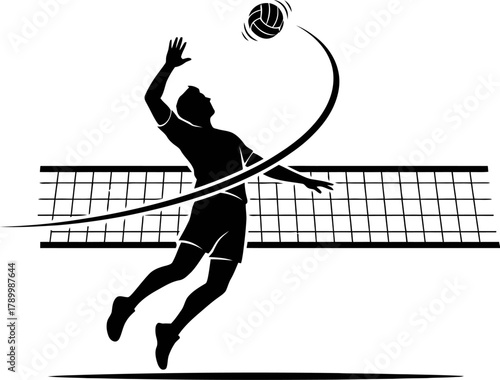 Volleyball player silhouette spiking ball over net
