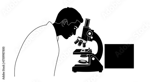 Scientific Exploration: Silhouette of a scientist meticulously examining a specimen through a microscope, embodying the pursuit of knowledge and discovery in the field of science. 