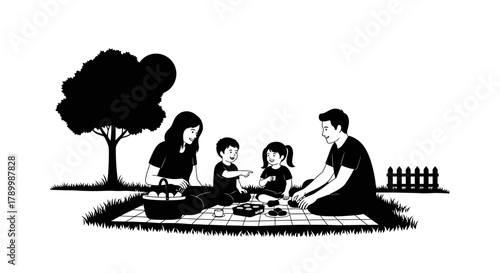 Family Picnic Silhouette: A loving family enjoys a delightful picnic in the park, creating lasting memories amidst nature's embrace. 