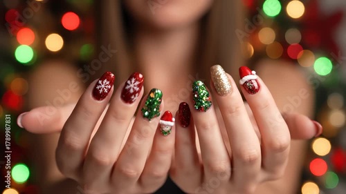 Woman Presents Decorated Christmas Manicure With Holiday Lights Background