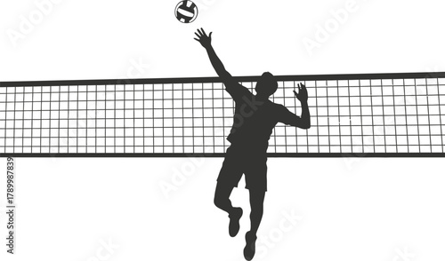 Volleyball player silhouette spiking ball over net