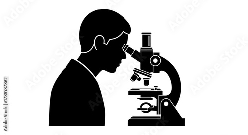 Scientist Observing Under Microscope: A silhouette of a scientist diligently studies through a microscope, symbolizing the pursuit of knowledge and scientific discovery.