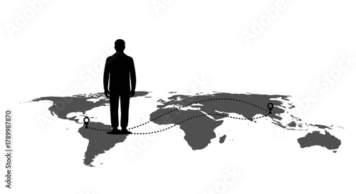 Global Connectivity: A silhouette of a person stands poised at the heart of the world, connected across continents, tracing a journey, a voyage or a destination across the globe. 