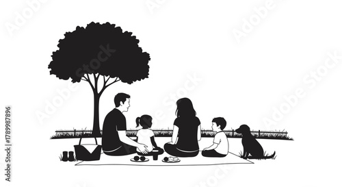 Family Picnic Under the Tree: Silhouette of a family enjoying a picnic under a large tree, depicting a scene of togetherness and simple pleasure.
