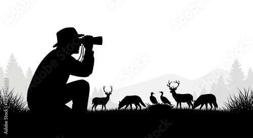 Nature Photographer's Silent Stance: A silhouette of a photographer intently captures the wilderness, with the focus on a group of diverse animals against a backdrop of serene nature.