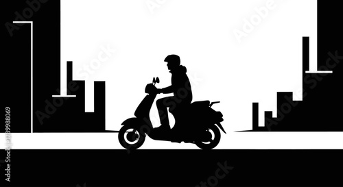 Silhouette of a Scooter on the Road: A minimalist view captures a silhouette of a person riding a scooter through the cityscape, a stylish and iconic mode of urban transport.