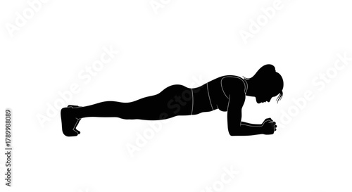 Silhouette of Fitness: A solitary figure, a woman in silhouette, embodies the essence of physical strength and discipline as she holds a plank pose, showcasing the beauty of the human form in motion.
