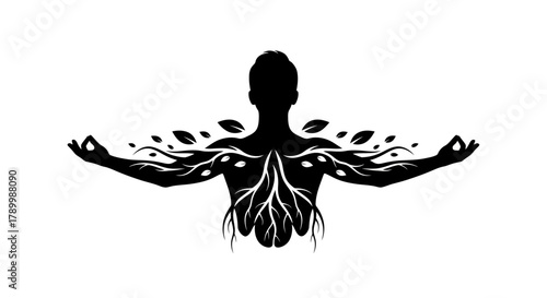 Harmony of Self and Nature: A silhouette of a person embraces nature, showcasing the human connection with growth, meditation, and life.