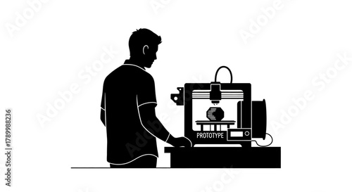 Crafting Creations: Silhouette of individual immersed in the process of 3D printing a design. A blend of innovation and creation is captured, illuminating the potential of cutting-edge technology.