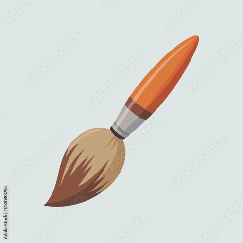 A single artist's paintbrush with an orange handle and brown bristles on a light background.