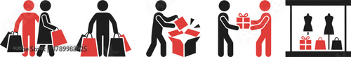 Illustrations of people shopping, exchanging gifts, and window shopping.