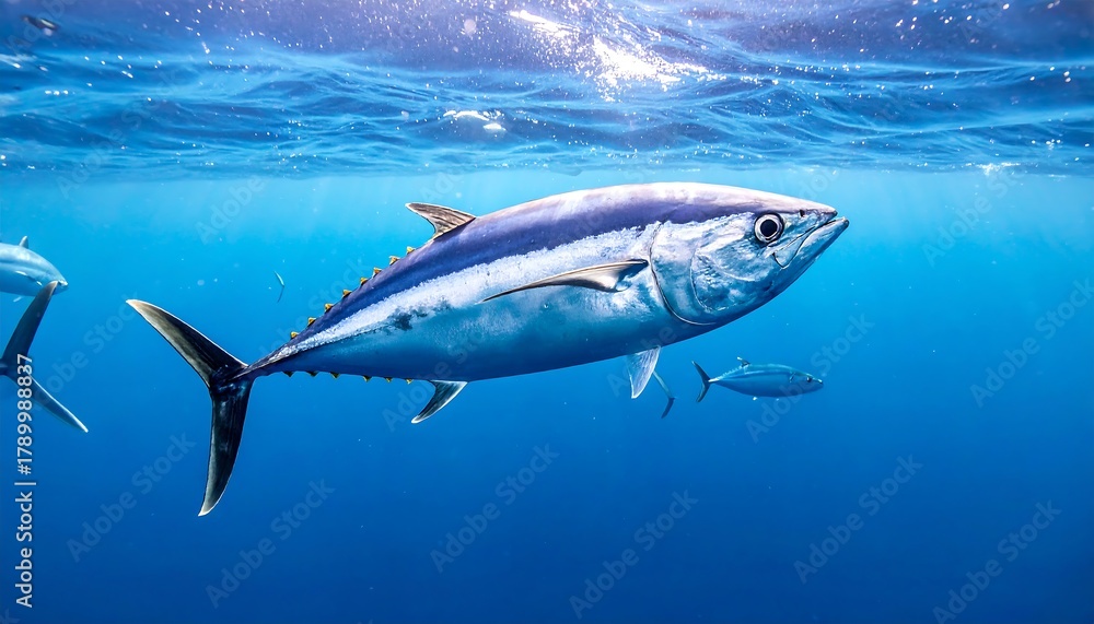Fototapeta premium A sleek tuna swims in clear blue ocean waters, with two more blurred tunas in the background under sunlight