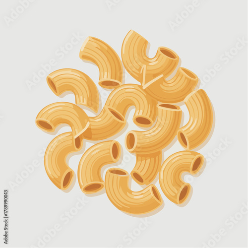 A top-down view of a pile of uncooked elbow macaroni pasta pieces, illustrating their curved shape and golden color.