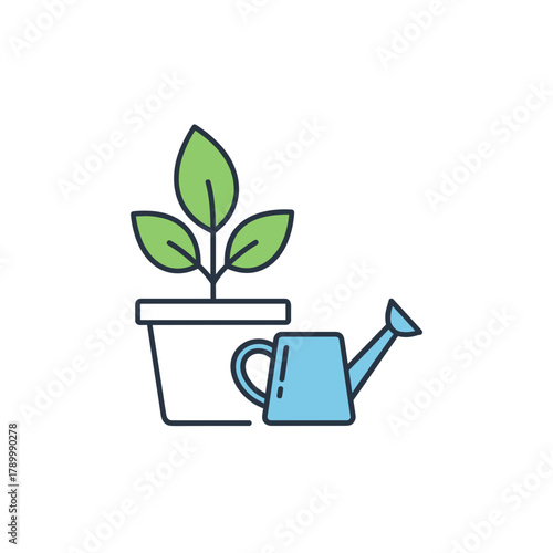 Illustration of a potted plant with green leaves and a watering can