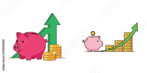 Simple Vector Art of Piggy Bank, Coins, and Upward Growth Arrow