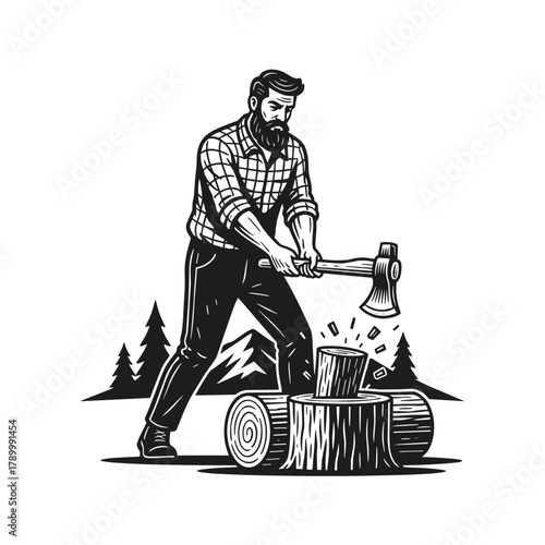 Bearded lumberjack chopping wood with an axe in front of mountains