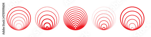 Red semi circular pain icons with gradient fading and radiating arcs from bottom center. Visual symbols for indicating pain intensity, joint discomfort, pressure areas. Healthcare vector illustration.