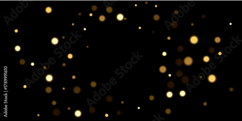 Gold light background with bokeh effect. Golden glittering lights on black background. Festive holiday shiny luxury backdrop. Abstract vector illustration.