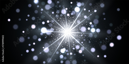 Light glare with glitter explosion and glowing particles on dark. White bright sparkling burst radiating warm light dynamic motion effect. Festive glow with bokeh highlights. Vector illustration.