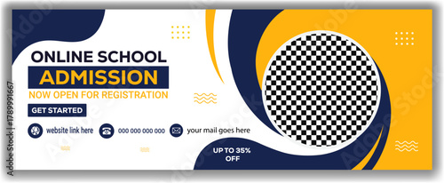 Online school admission banner design registration open for virtual learning program, digital education campaign promotion
