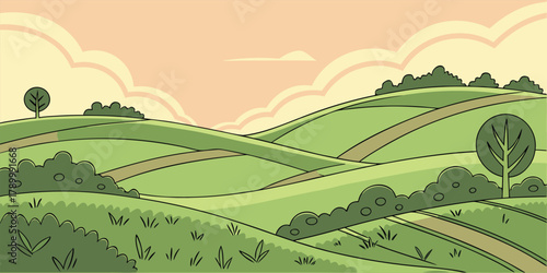 Green hills and a grass meadow under a blue summer sky with clouds, sun, and trees illustrating a natural countryside landscape