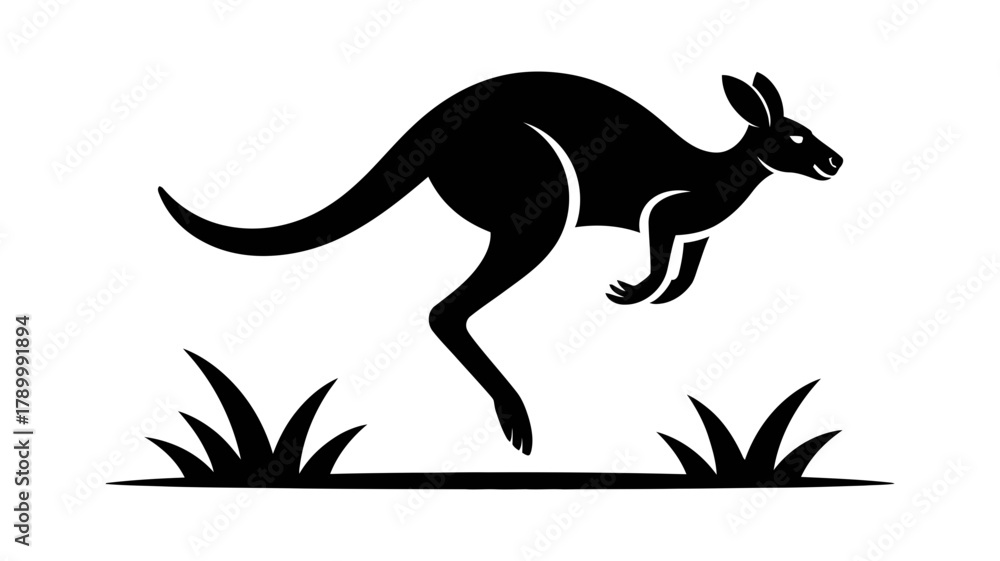 Obraz premium Kangaroo silhouette jumping over stylized grass, a symbol of australian wildlife, agility, and natural movement, ideal for logos and branding.