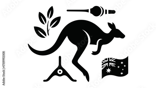 Australian symbols collection with a kangaroo, flag, boomerang, eucalyptus leaves, didgeridoo, and uluru, representing national identity and travel.