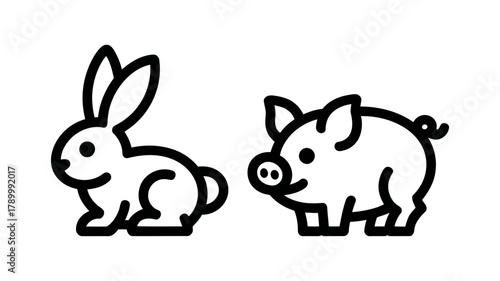 Minimalist outline icon set featuring a cute rabbit and a happy pig, representing farm animals and pets in a simple, clean, vector illustration.