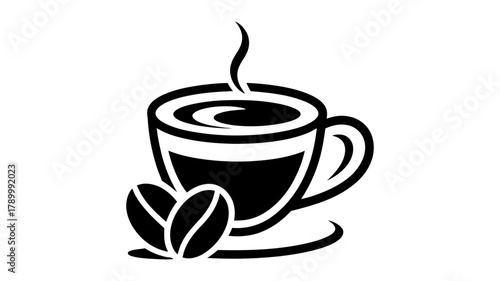 Steaming coffee cup icon with coffee beans, minimalist black and white vector graphic illustrating morning beverage, cafe, and breakfast themes.