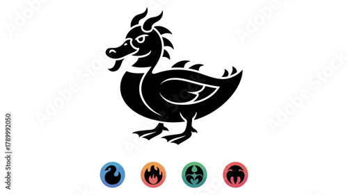 Black silhouette icon of a unique duck-dragon hybrid creature, featuring avian body and reptilian horns and scales, representing fantasy and folklore.