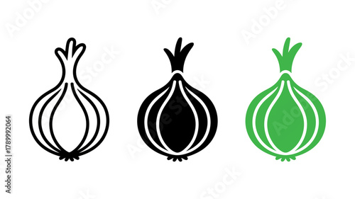 Vector icons showcasing three distinct onion styles: a clean outline, solid black fill, and vivid green graphic, perfect for culinary and fresh vegetable.