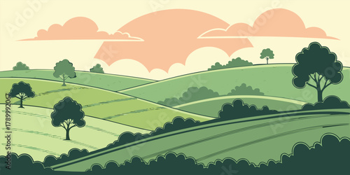 Green summer nature landscape illustration with trees, hills, grass, and blue sky with clouds