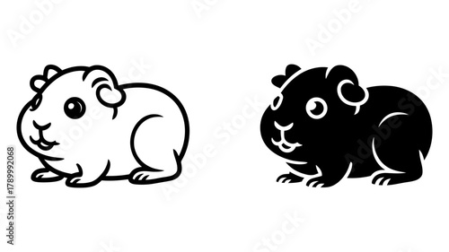 Cute cartoon guinea pig line art and silhouette icon set. adorable small rodent pet animal illustration for children's books, apps, and web design.