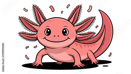 A cute pink cartoon axolotl with a friendly smile and distinctive gills, standing on a subtle base, exuding charm and innocence. cute!