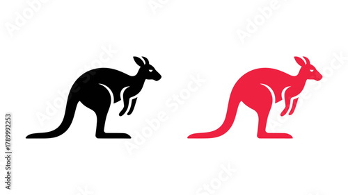 Stylized black and red kangaroo silhouettes clearly presented on a clean white background, depicting australian wildlife, strength, and dynamic hopping motion.
