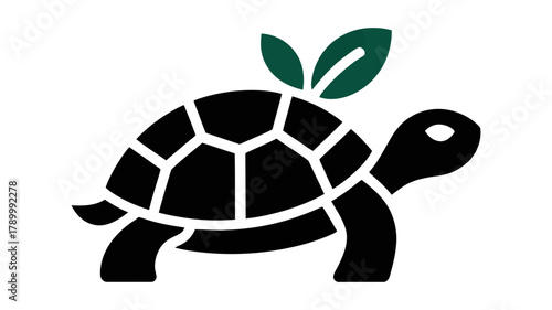 Stylized black turtle vector illustration with two green leaves sprouting from its shell, symbolizing nature, ecology, slow progress, and sustainability.
