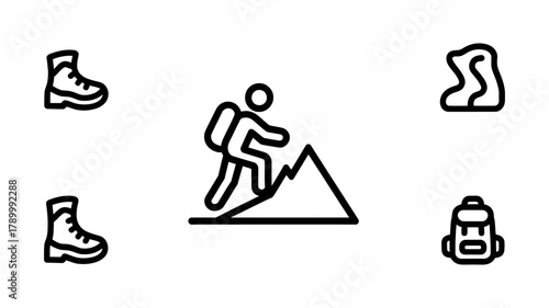 Outdoor adventure line icons set depicting hiking, mountaineering, and trekking gear like boots, backpacks, and a person climbing a mountain peak.