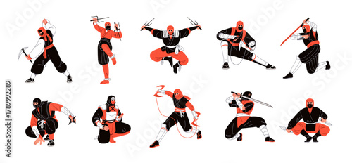 Set of ninja. Shinobi with weapons standing in different poses. Samurais with katana, shuriken. Japanese fighters, Asian warriors are jumping, training. Flat isolated vector illustrations on white