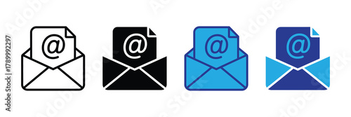 Email envelope with 'at' symbol document icon set. outline and solid styles in black and blue colors. isolated on white background