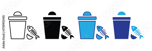 Set of icons with trash can, fishbone, and eggshell representing organic waste disposal and recycling isolated on white background