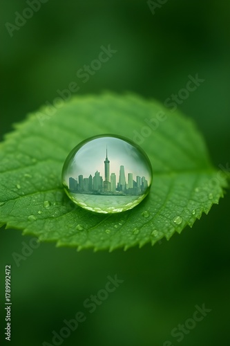 Cityscape Reflected in a Water Droplet on Green Leaf