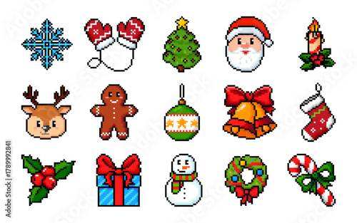 Pixel Christmas icon set. Pixelated vector illustration of Santa Claus, deer, snowman, ginger man, snowflake, gloves, Christmas tree, Sock, wreath, candy cane, ball, candle, gift, poinsettia flower
