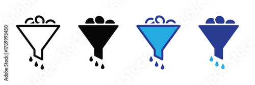 Data filtering process funnel icon set with selection and optimization symbols for digital information management isolated on white background