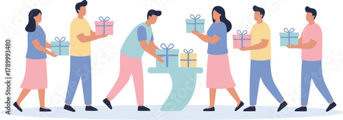 People carrying gifts and placing them on a table.