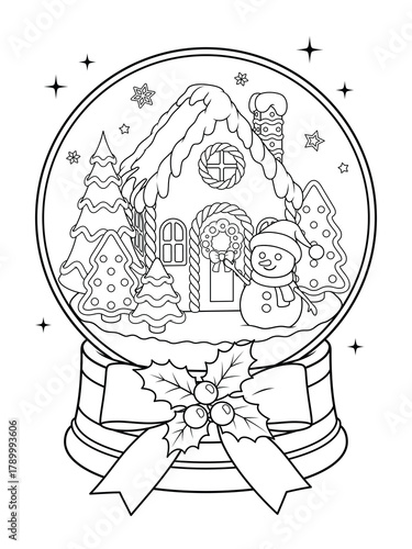 A cute Christmas snow globe with a ginger bread house and a snowman. Vector coloring page.