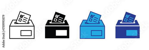 Voting ballot box with a ballot paper being inserted icon set in various styles, election concept isolated on white background
