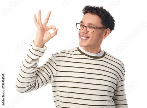 Young man in eyeglasses sho...
