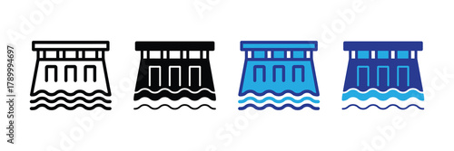 Hydroelectric dam icon set with outline, solid, and color variations for energy and water resources isolated on white background